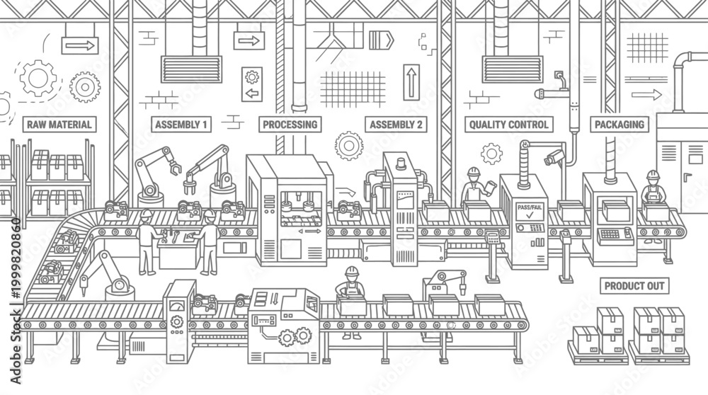 Fototapeta premium Factory assembly line line art illustration with robots and workers