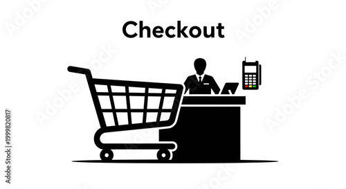 Streamlined Retail Checkout Process with Shopping Cart and Cashier at Payment Counter Icon
