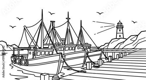 Fishing boats docked at a coastal harbor with lighthouse