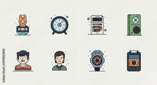 A collection of icons representing various everyday objects and human portraits, including a clock, a slot machine, a speaker, a man, a woman, a watch, and a digital device