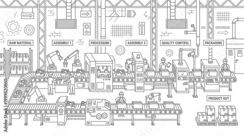 Factory assembly line line art illustration with robots and workers