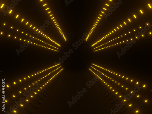 Yellow neon tunnel. Black background with  neon lights