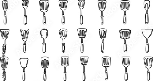 Black and White Line Art Spatulas and Utensils Collection, Kitchen Tools Vector Set