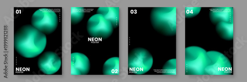 Dynamic poster set with glowing green organic fluid orbs and floating spheres on deep black background