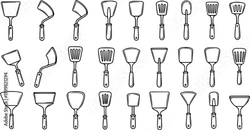Black and White Line Art Collection of Kitchen Spatulas and Turners, Food Preparation Utensils