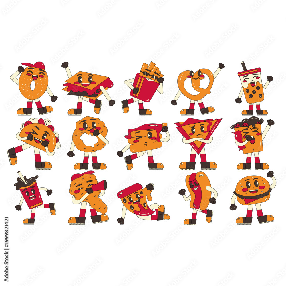 Fototapeta premium Opsi 1: Fokus pada Konsep & Kegunaan Retro fast food collection and vintage diner mascot illustration set. Vibrant flat vector for nostalgic restaurant branding and classic American cafe menu.