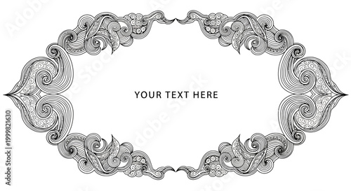 Elegant Hand Drawn Floral Frame with Swirls and Decorative Ornate Patterns.