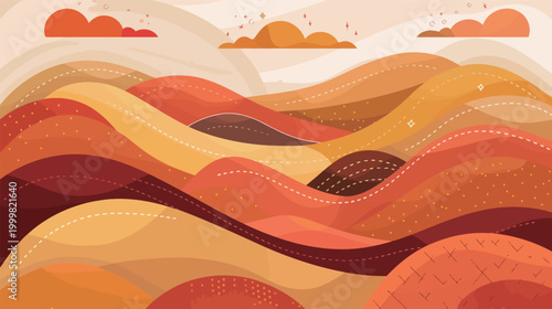 Flat minimalist illustration of rolling hills in a peaceful natural landscape, featuring smooth layered curves, soft terrain shapes and modern abstract countryside scenery design