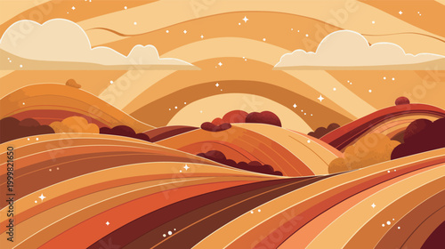 Flat minimalist illustration of rolling hills in a peaceful natural landscape, featuring smooth layered curves, soft terrain shapes and modern abstract countryside scenery design