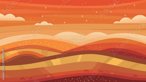 Flat minimalist illustration of rolling hills in a peaceful natural landscape, featuring smooth layered curves, soft terrain shapes and modern abstract countryside scenery design
