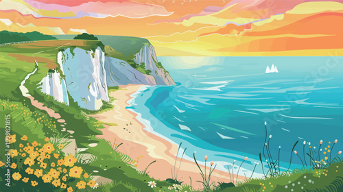 Stunning coastal landscape at sunset with glowing sky over ocean and sea waves along shoreline, peaceful beach horizon scenery with warm golden light and dramatic clouds, natural seascape view