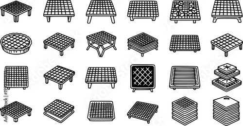 Food Baking Cooling Racks and Wire Grids Icon Set. Black and White Line Art Glyphs for Kitchen, Cooking, and Confectionery Utensils.