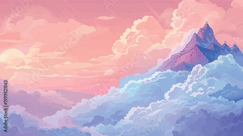 Surreal mountain made of clouds with a small cabin sitting on the peak, dreamy sky landscape concept, floating cloud formation scenery with ethereal atmosphere, fantasy nature environment, soft light,