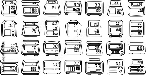 Black and White Line Art of Various Digital Electronic Weighing Scales, Industry Standard, Technology