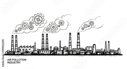 Hand drawn illustration of industrial plant factory complex causing air pollution.