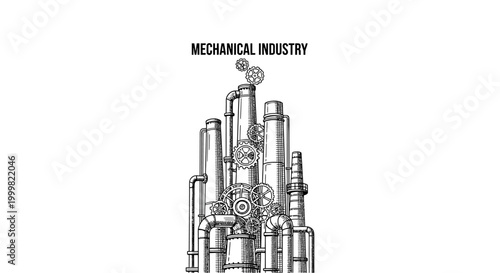 Vintage Hand Drawn Illustration of Industrial Factory Mechanical Complex.