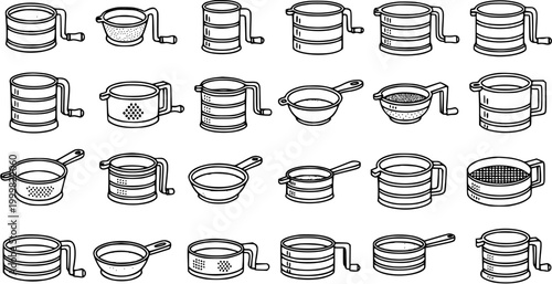 Black and White Outline Line Art Icons Set of Flour Sifters and Baking Kitchen Utensils for Food Preparation and Cooking Industry.