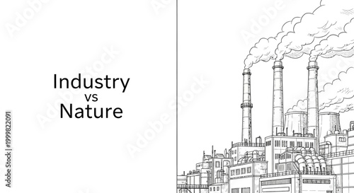 Industrial factory landscape sketch representing the concept of industry versus nature.