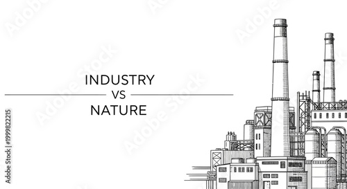 Sketch of an industrial factory complex with tall smokestacks and piping systems.
