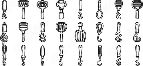 Black and White Line Art Collection of Vintage Kitchen Tools and Utensils
