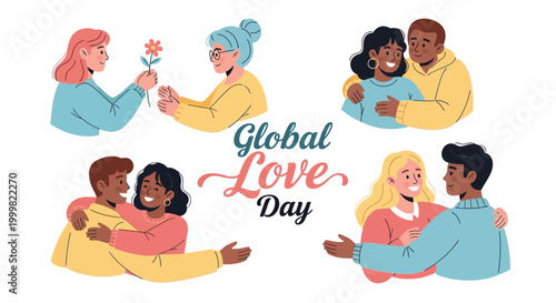 A flat vector illustration celebrating Global Love Day with diverse couples embracing, showcasing unity and compassion against a clean backdrop with soft, pastel colors in a love