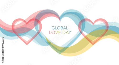 A vector illustration celebrating Global Love Day, depicting interconnected heart symbols in pastel shades against a white backdrop, symbolizing peace, unity, and universal love