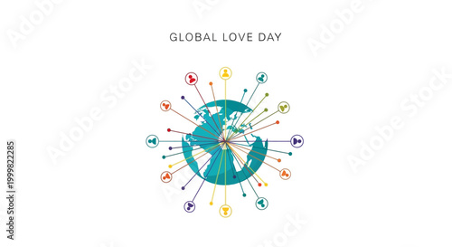Minimalist vector illustration showing a global unity concept with a stylized Earth at the center and colorful heart symbols radiating outwards, emphasizing love and humanity in a clean
