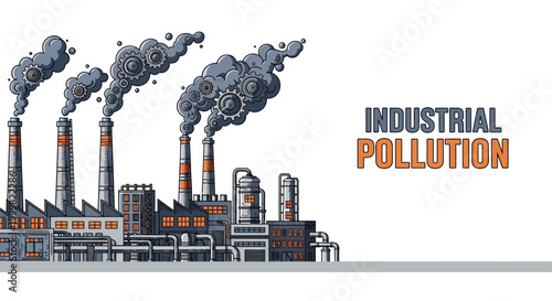 Industrial factory complex emitting thick smoke from chimneys representing environmental pollution.