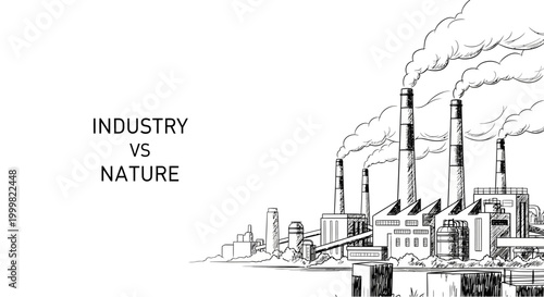 Sketch of an industrial factory complex with smokestacks emitting pollution.