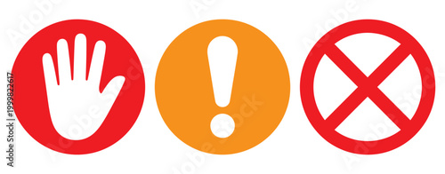 Set stop sign icon with hand, exclamation mark, and cross in circle, safety warning and prohibition symbol collection, modern vector design