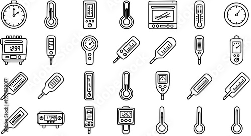 Temperature Measurement Thermometer Icons Set. Medical, Science, Food  Industrial Digital, Analog Gauges, Oven and Clock Devices in Black White Line Art.