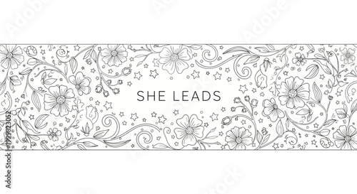She Leads floral lettering illustration in black and white line art style.