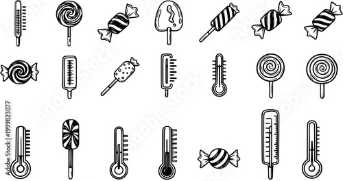 Health and Food Concept: Black and White Doodle Line Art Icons Set of Thermometers and Sweet Candies for Temperature Measurement and Treats.