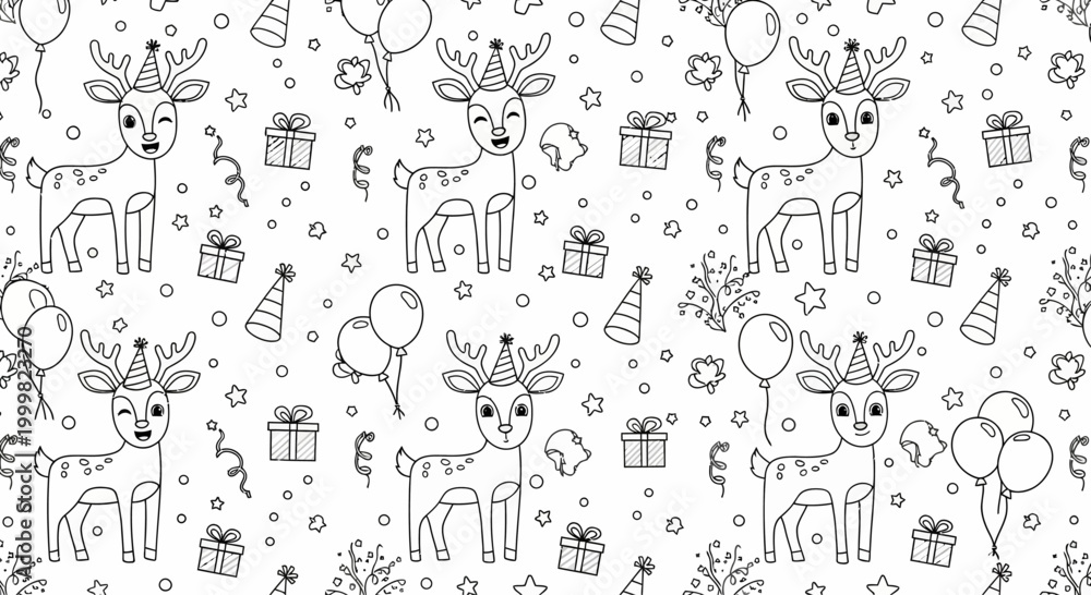 Obraz premium Seamless pattern with hand drawn deer in party hats.