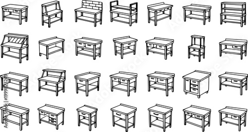 Black and White Line Art Collection of Commercial Kitchen and Industrial Work Tables. Hand-Drawn Vector Set of Restaurant, Laboratory, and Utility Furniture Icons.