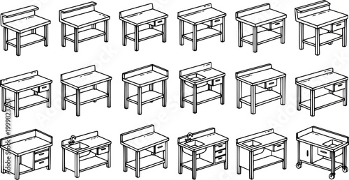Commercial Kitchen Stainless Steel Work Tables, Preparation Sinks, and Carts Line Art Set. Food Service Equipment Black and White Outline Illustrations.