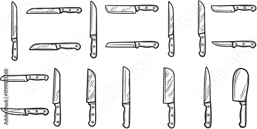 Black and White Line Art Illustration of Assorted Kitchen Knives