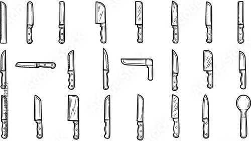 Food and Cooking Industry: Collection of Kitchen Knives and Cutlery in Hand-drawn Black and White Line Art Doodle Style