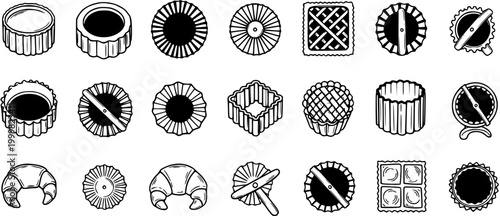 Black and White Line Art Baking and Pastry Icons Set. Collection of Dessert Molds, Tins, Croissants, Tartlets, and Cutters in Glyph Style.