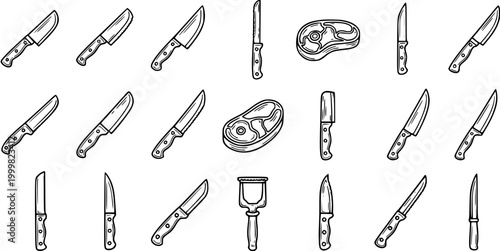 Culinary Kitchen and Butcher Knives with Meat Steaks Set. Hand-Drawn Black and White Line Art Collection for Food and Cooking Industry