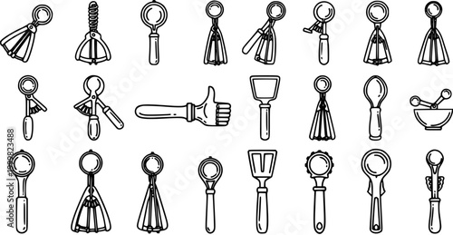 Set of Ice Cream Scoops and Dessert Kitchen Utensils in Black and White Line Art Style - Culinary Food Industry Icons