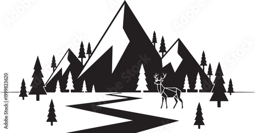Black mountain landscape, deer silhouette, evergreen trees, wilderness scene, vector icon