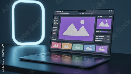 Modern laptop displaying a photo editing software interface with image thumbnails and a prominent mountain landscape image, set against a dark