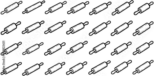 Food and Baking Industry Black and White Line Art Pattern of Rolling Pins - Hand-drawn Kitchen Utensil Seamless Background Illustration