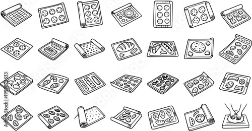 Baking Sheet and Tray Icons - Line Art Vector Set for Food Industry