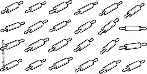 Food and Baking Industry Black and White Line Art Seamless Pattern with Hand-drawn Rolling Pins