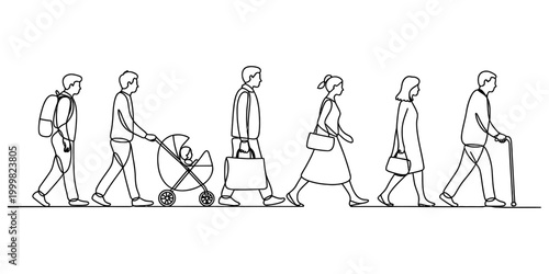 Group of diverse people walking in a line showing different ages and lifestyles as a simple black outline drawing for design projects