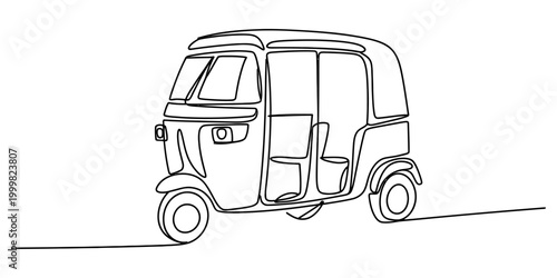 Continuous single line drawing of an auto rickshaw tuk tuk vehicle for urban transport taxi service and city travel concept art illustration