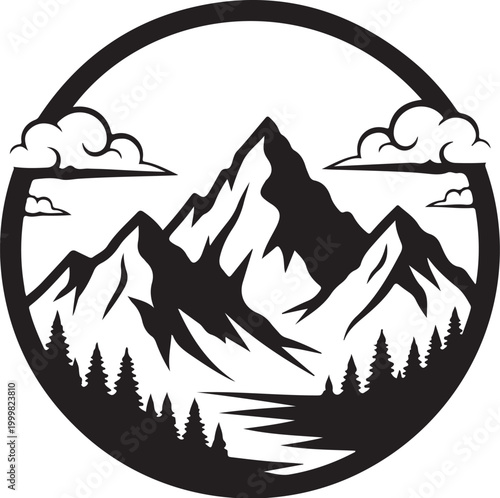 Black mountain landscape, circular silhouette, monochrome scenic view, vector illustration