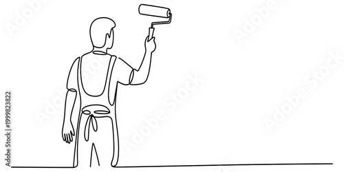 Continuous single line drawing of a male painter or handyman using a paint roller to renovate and decorate a wall for home improvement project